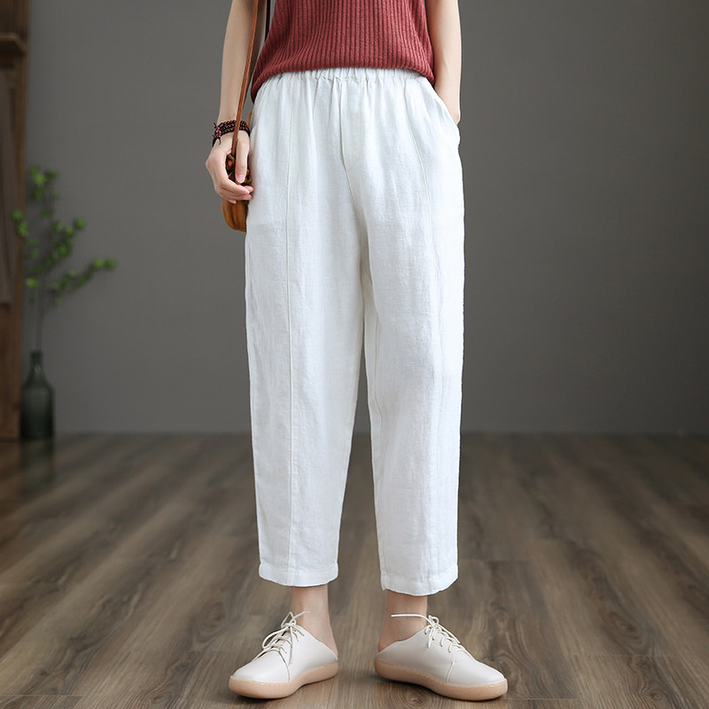 dza文艺高腰显瘦白色白色棉棉麻裤子女士宽松休闲裤