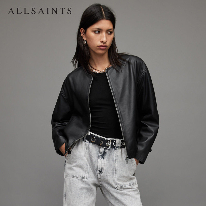 allsaints女士机车皮衣2022秋季短款黑色真皮皮夹克皮衣