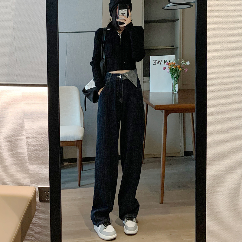 高腰加绒牛仔裤女秋冬直筒宽松2021年新款大码秋装阔腿设计感裤子