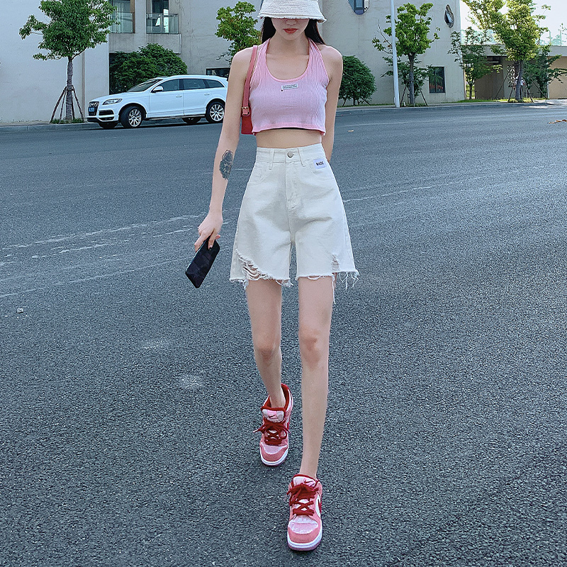 五分牛仔裤女宽松直筒夏季薄款2022显瘦破洞白色短裤阔腿百搭5分