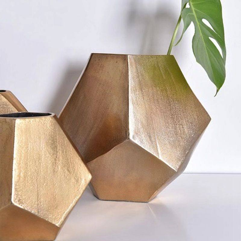 进口异形几何体金色花瓶金属多边形花器样板房客厅花瓶
