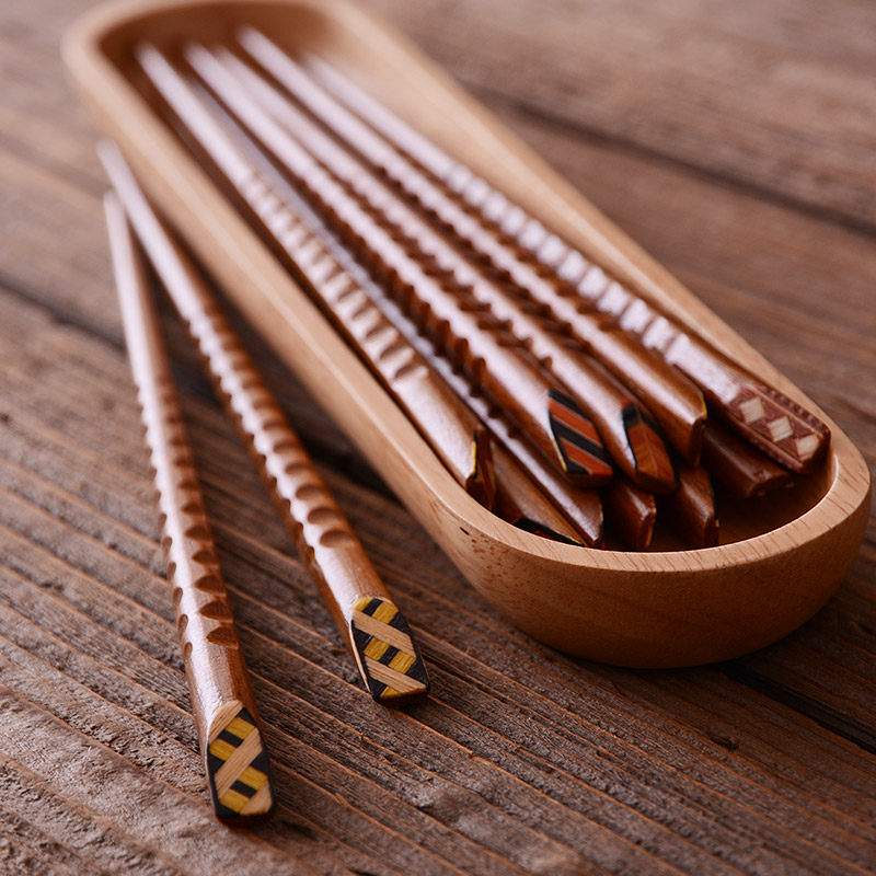 筷子日式民族风嵌木花纹原木实木家用印尼铁木筷子