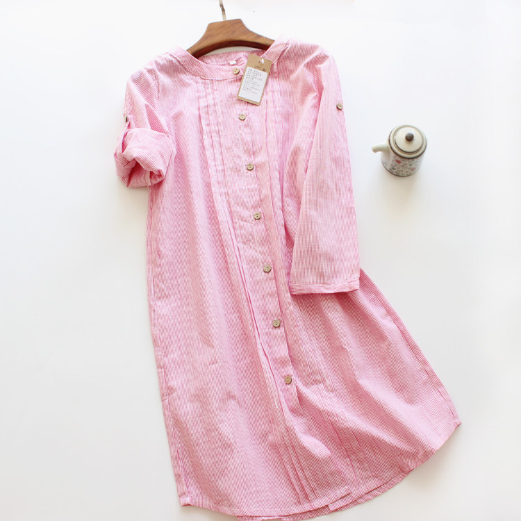 日系文艺细条纹纯棉平布女家家居全棉两用睡裙睡裙