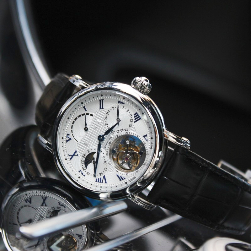 天津陀飞轮手表多功能手动机械ST8007私人定制LOGO商务精钢烧钢蓝