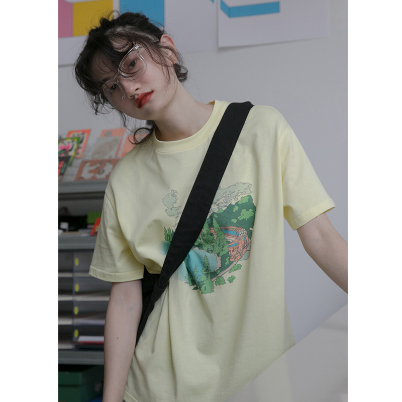 你好卡农 短袖t恤女2021年夏季新款原创印花宽松韩版圆领百搭上衣