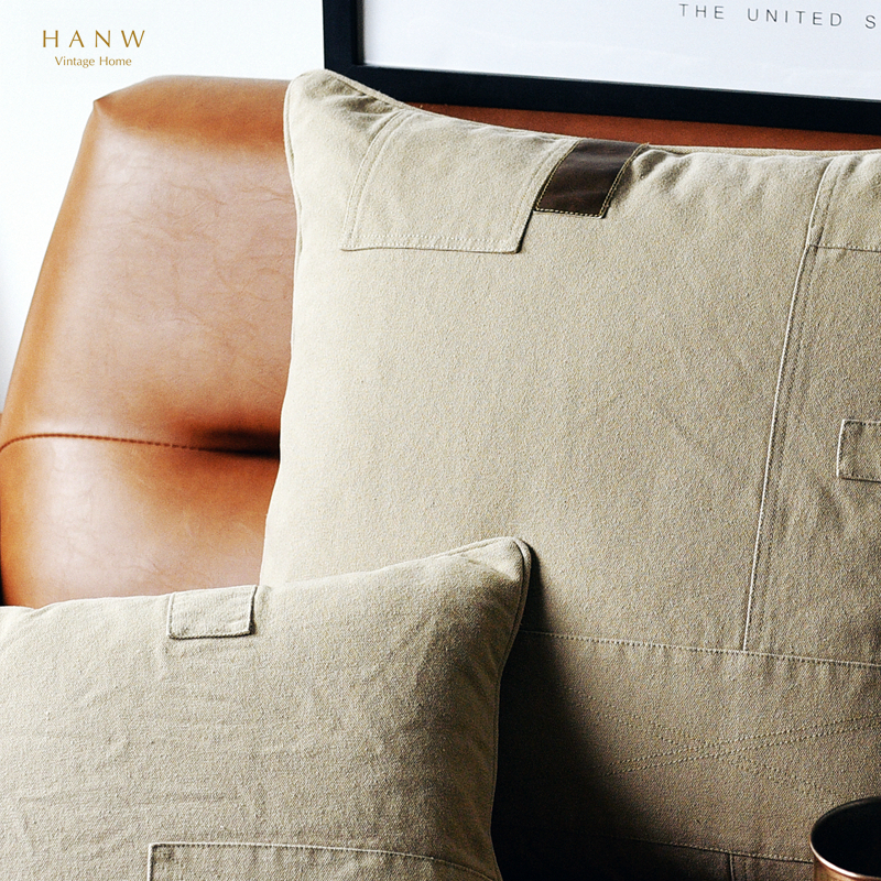 hanw北欧复古工业风军绿卡卡其帆布补丁水洗做旧靠垫