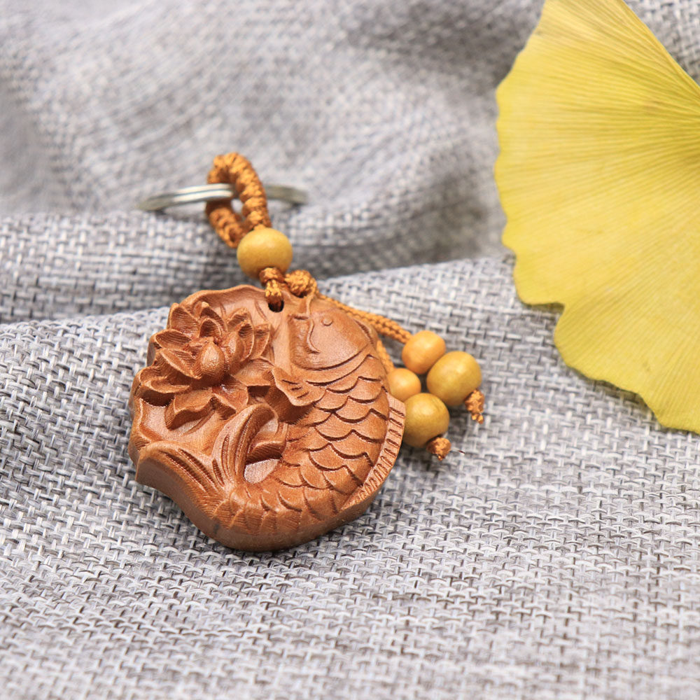 桃木木雕荷花钥匙扣辟邪招财木质鲤鱼礼品挂件钥匙扣