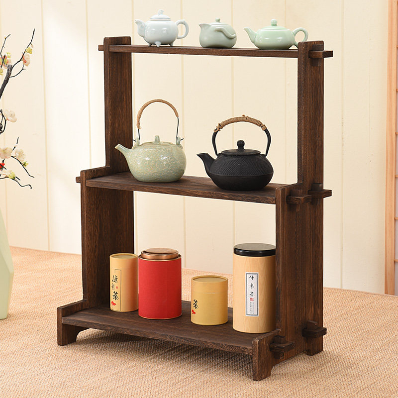 架子茶具置物架实木茶叶小型茶室多层茶壶茶饼茶道