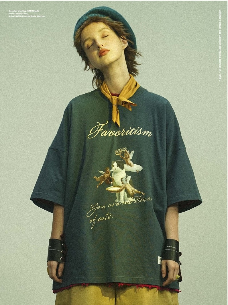 unvesno夏季复古天使猫印花半袖宽松休闲潮牌文艺t恤
