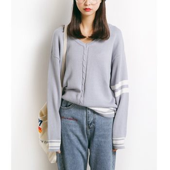 Lazy style spring and autumn new retro twist pure cotton sweater women's knitted sweater loose looseneck V-neck pullover outerwear pure cotton