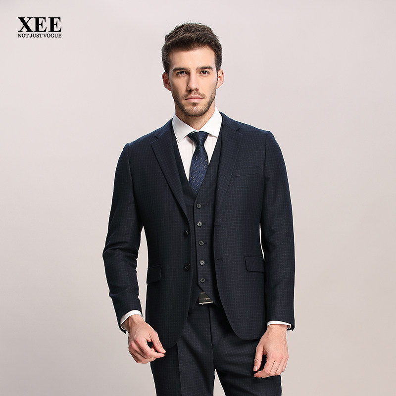 xee商场同款男士春秋款藏青色绵羊毛混纺西装西服