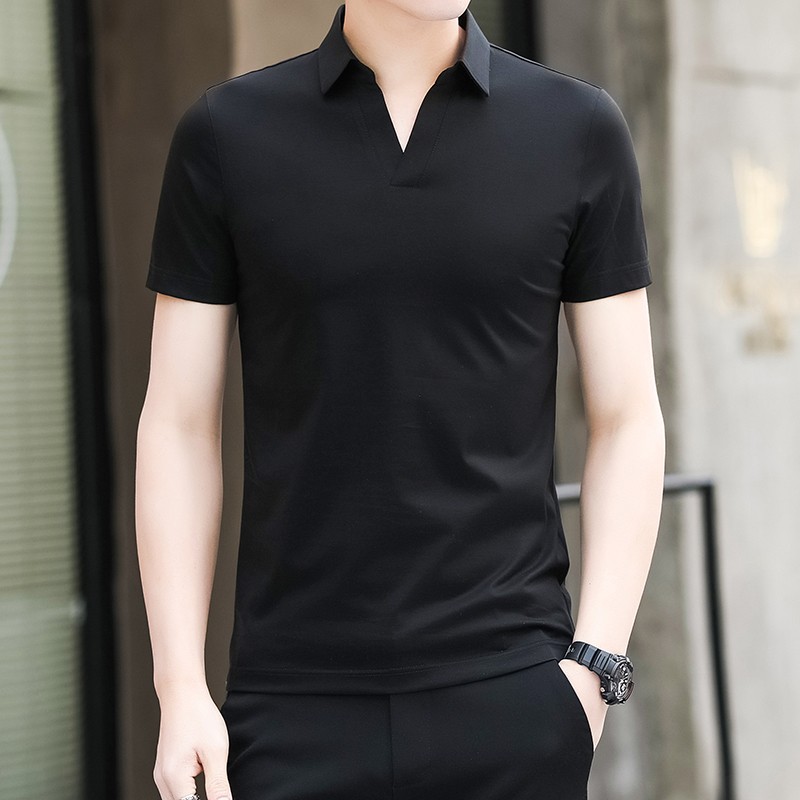 潮牌polo衫男士短袖2022夏季新款修身纯棉v领宽松日系简约冰丝t恤
