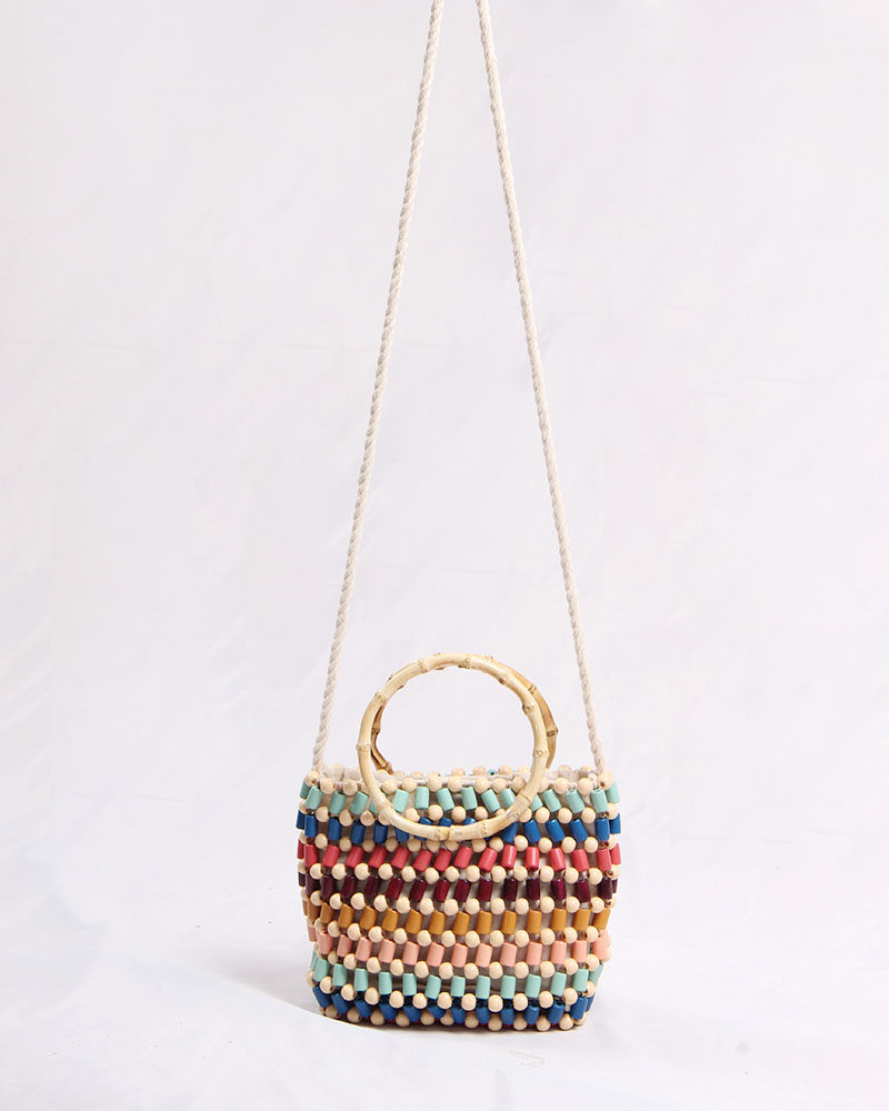 新款多色串珠草编包单肩手提斜挎手工编织包女彩色珠子度假沙滩包
