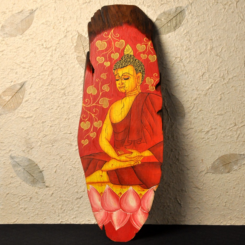 泰国进口手绘彩色佛头实木画片家居客厅摆件装饰挂牌