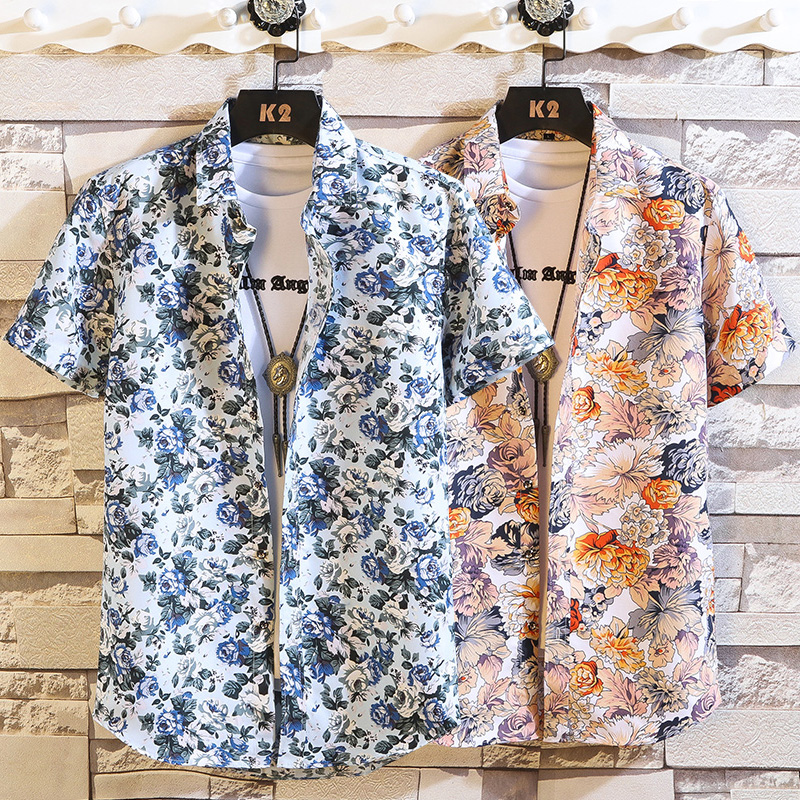短袖花衬衫男夏季韩版潮流小雏菊碎花痞帅气网红泰国风沙滩衬衣男
