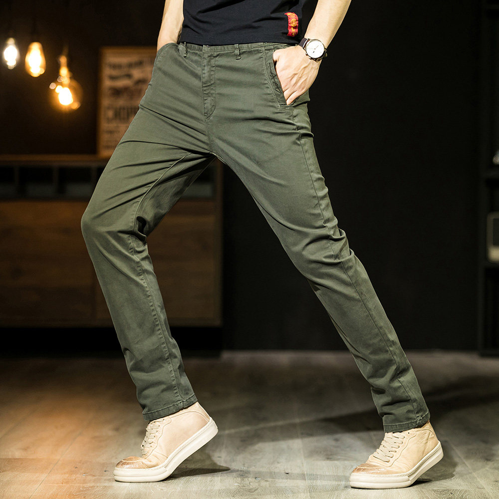 军绿休闲裤男士直筒修身纯棉裤子商务工装裤男休闲裤