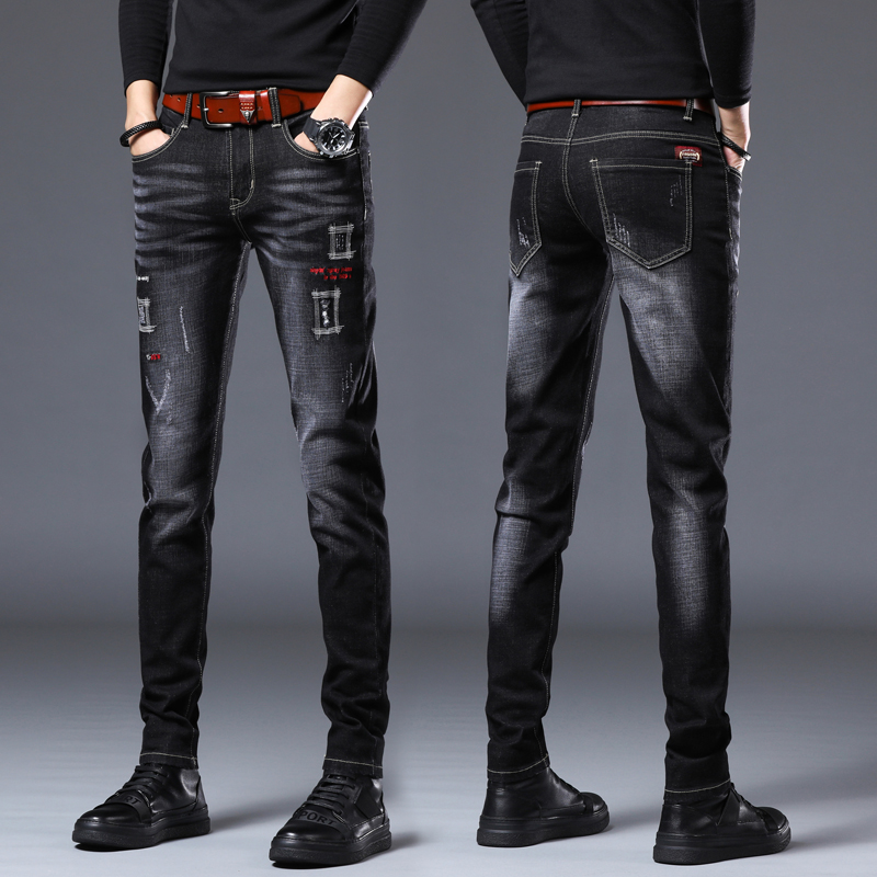 高端网红刺绣牛仔裤男潮牌修身弹力小脚时尚百搭长裤2022年春秋款