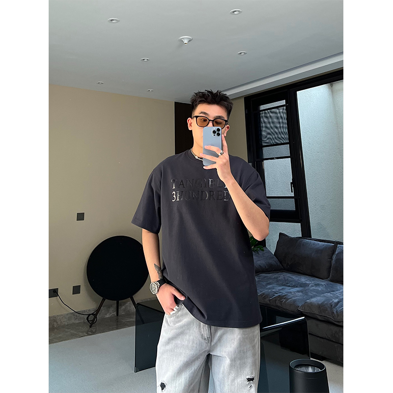 SANBAI叁佰夏季自制短袖男ins潮流皮革裂纹印花体恤宽松男生T恤潮