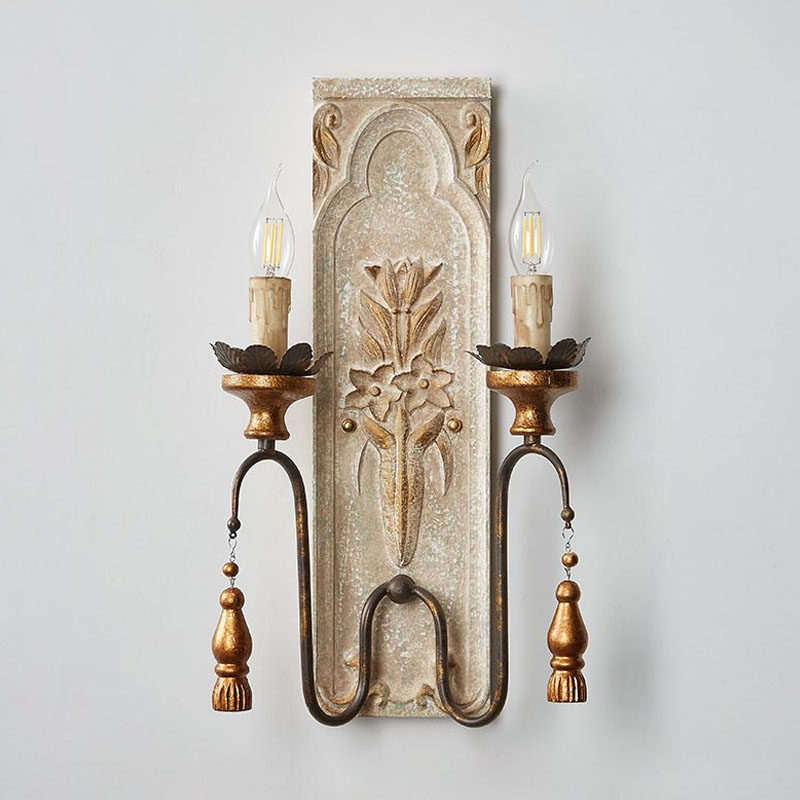 壁灯美式乡村木头艺术实木复古雕刻客厅电视壁灯