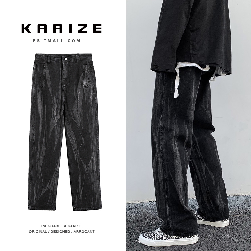 潮流美式牛仔裤男潮牌街头嘻哈扎染宽松坠感阔腿裤暗黑系ins网红