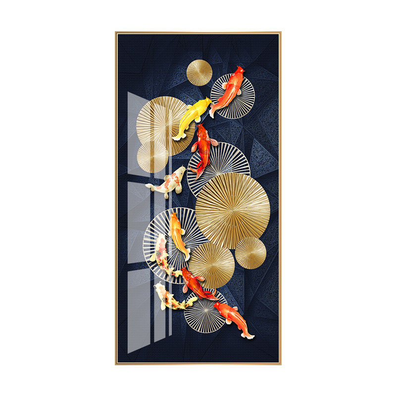 九鱼福瑞 玄关装饰画新中式客厅竖版走廊尽头挂画轻奢入户晶瓷画