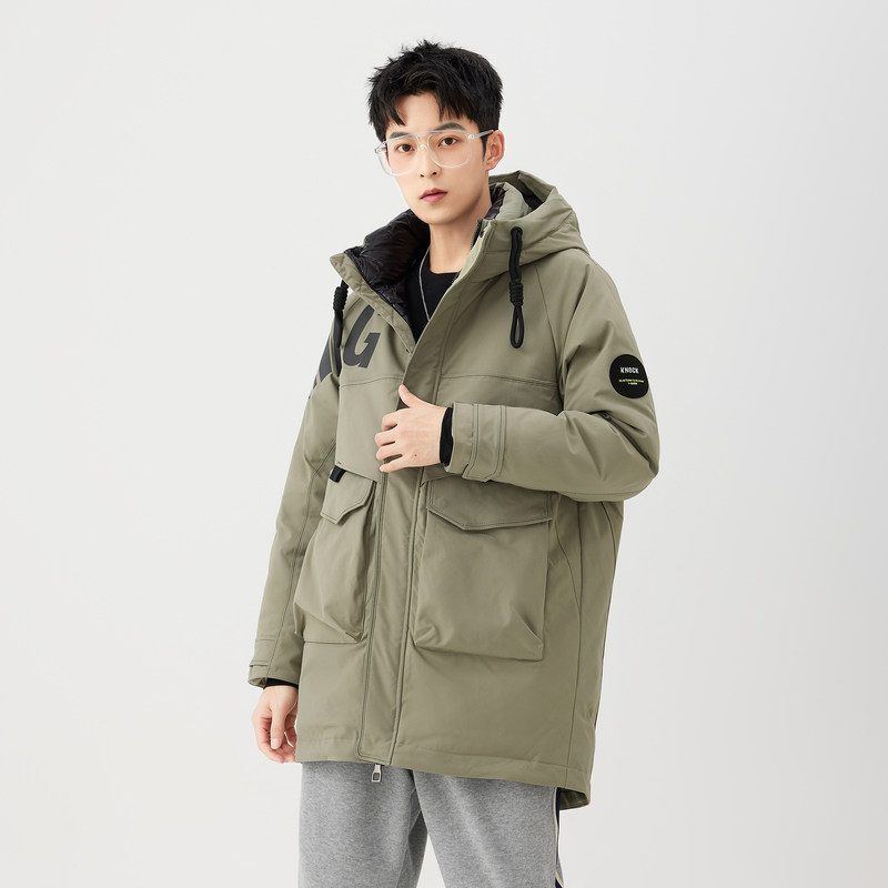 快鱼2022新款宽松松带中长羽绒服男士工装灰鸭羽绒服