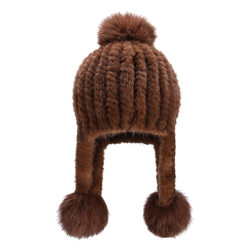 tlove水貂帽子可爱狐狸毛球护耳帽保暖男童女童皮草帽宝宝小孩帽