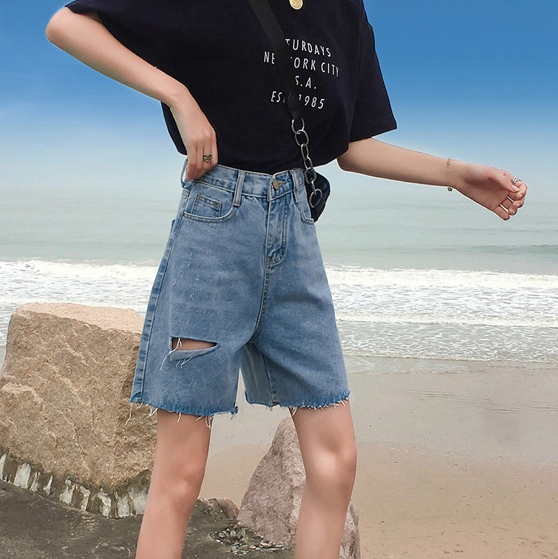 ins高腰牛仔短裤女2020夏季新款破洞宽松阔腿老爹直筒a字五分裤潮