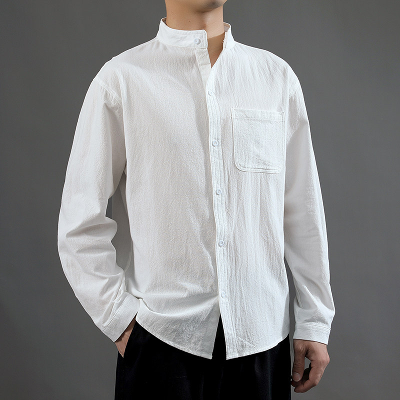 夏天白色亚麻长袖衬衫修身薄款休闲大码纯色衬衫