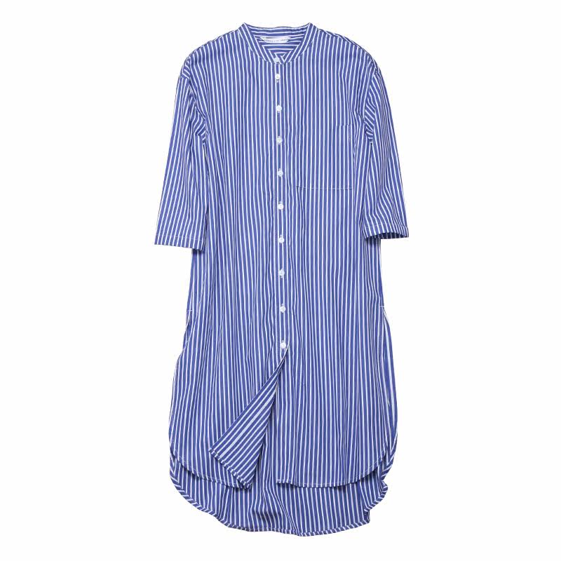 2019夏季衬肤色清爽简约七分袖中长款侧开叉海军竖条纹蓝白衬衫女