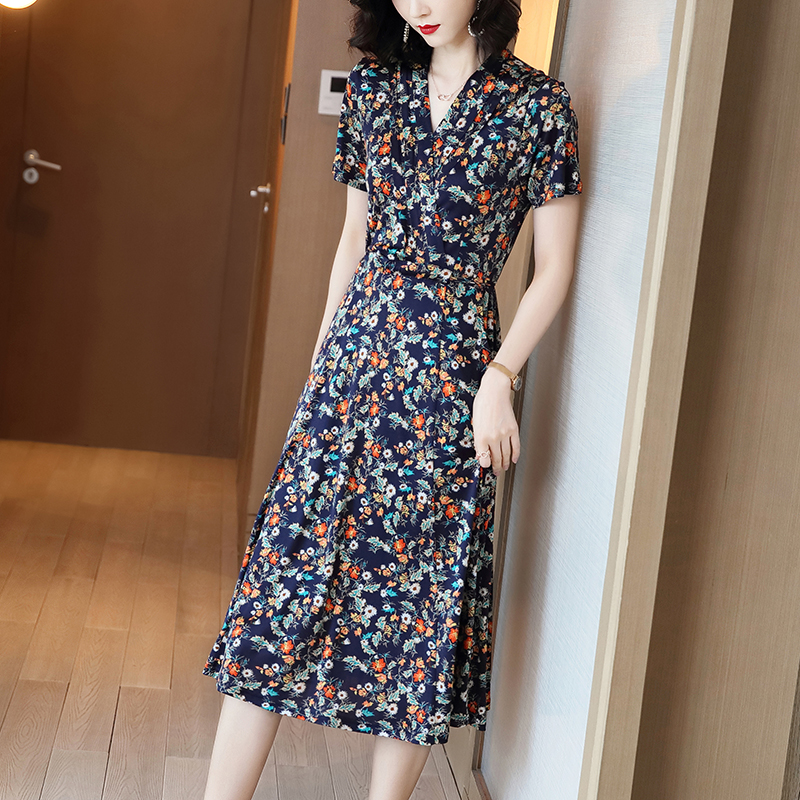 强烈推荐春夏新款女双面针织真丝连衣裙V领短袖桑蚕丝裙子中长款