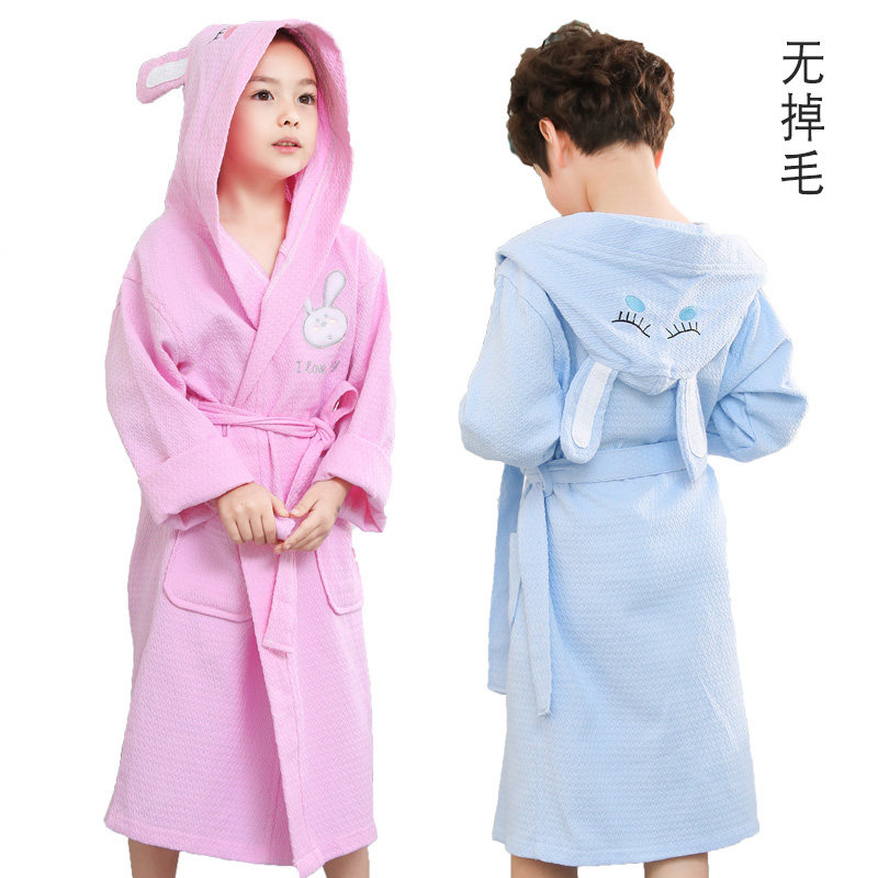 纯棉儿童浴袍春夏华夫格薄款吸水速干浴衣男女浴裙