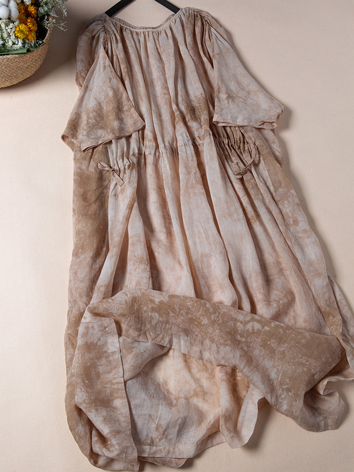 棉麻手工甩色宽松抽褶小脏裙夏扎染苎麻文艺连衣裙