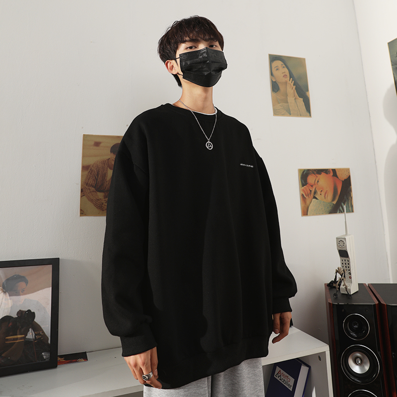 港风无帽圆领卫衣男潮2022新款春秋长袖薄款宽松衣服ins百搭上衣