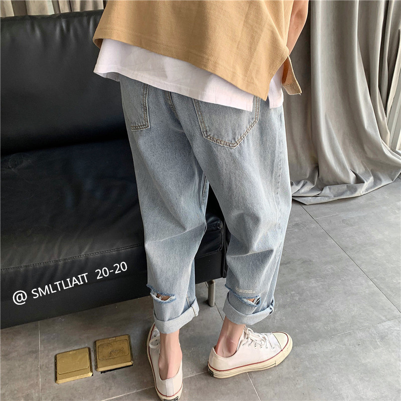 破洞哈伦牛仔裤男士夏季薄款宽松痞帅复古ins潮流休闲九分裤百搭