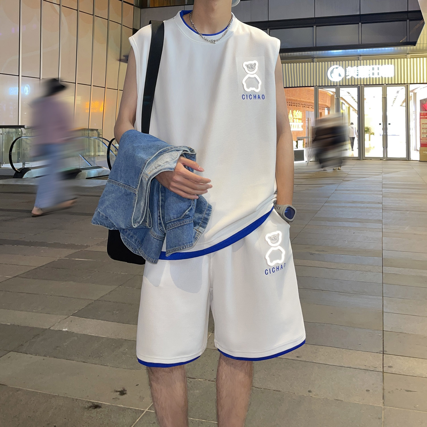 华夫格套装男夏季潮牌宽松青少年无袖背心短裤一套休闲运动两件套