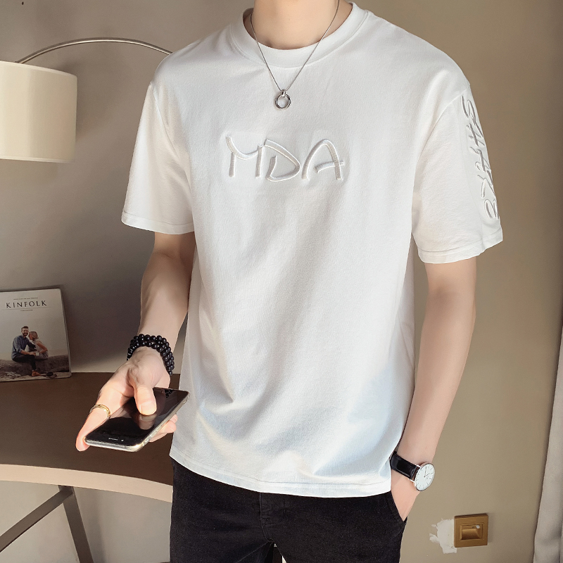 原宿风短袖t恤男潮牌夏季2022新款纯棉刺绣圆领半袖体恤百搭上衣