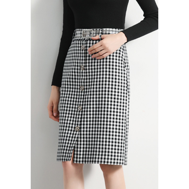 黑白格子半身裙女中长高腰显瘦西装秋季直筒半身裙