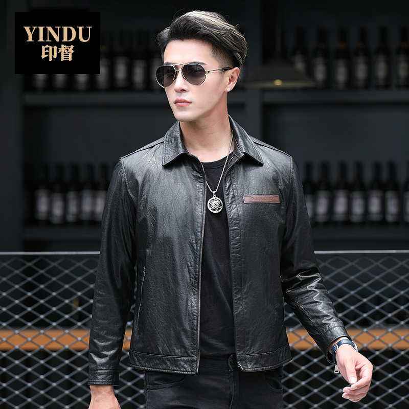 海宁秋冬真皮皮衣男士牛皮衣休闲外套短款加厚翻领修身皮夹克男装