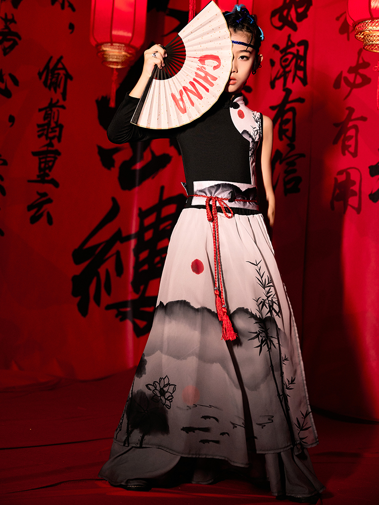 舞装部女童水墨国潮儿童模特t台走秀古风时装表演服少儿中国风潮