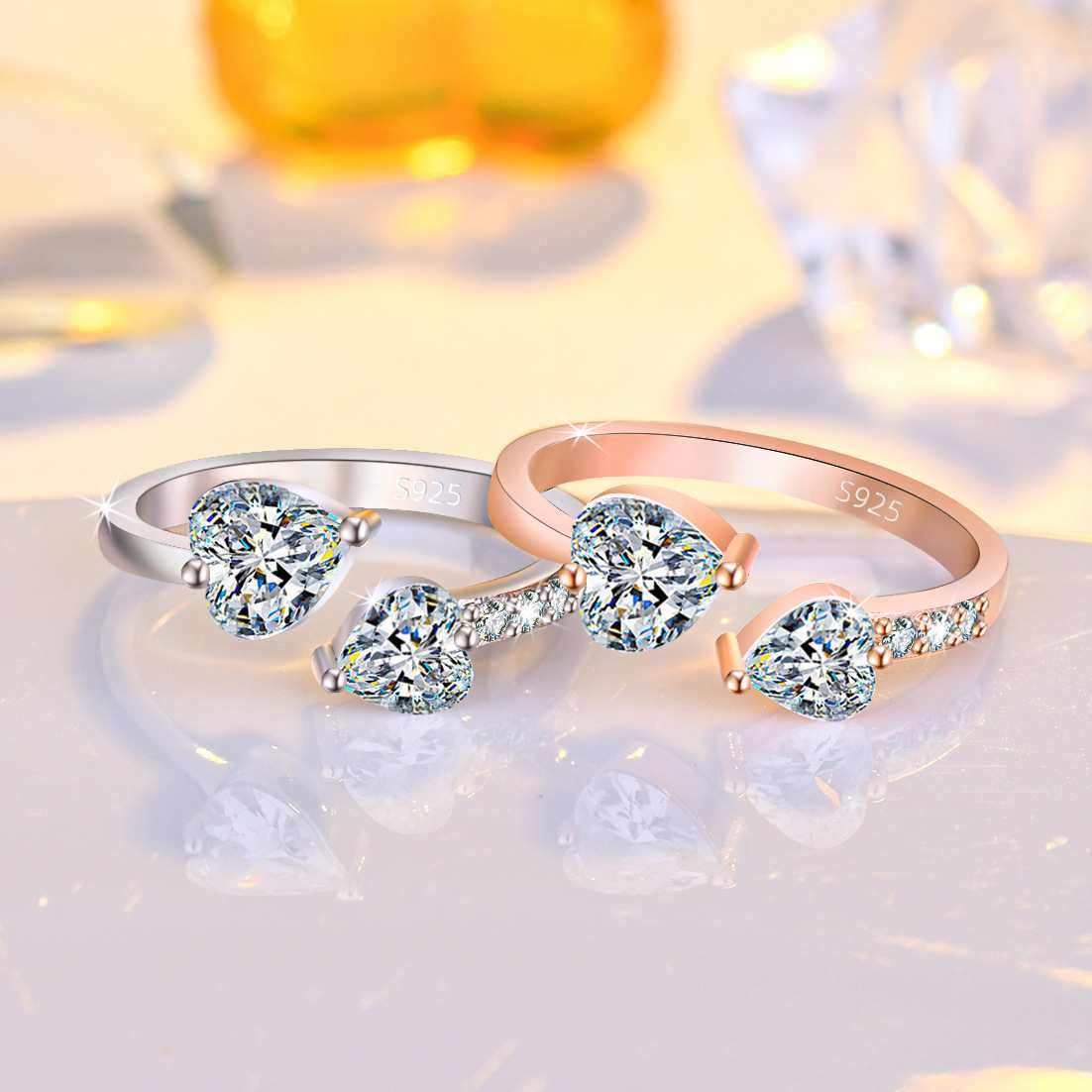 新款钻开女款心形指爱戒指开口心满韩版双心戒指