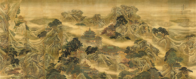 清代名画袁耀蓬莱仙境十二二条青绿山水界人物国画