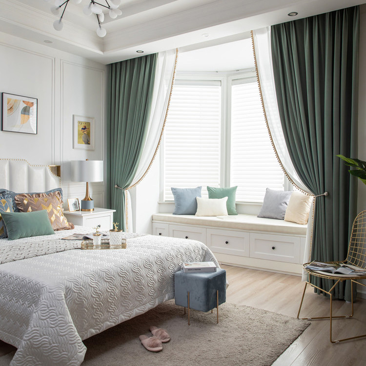 澳洲羊毛毛绒轻奢美式绒布窗帘灰绿色遮光客厅定制窗帘