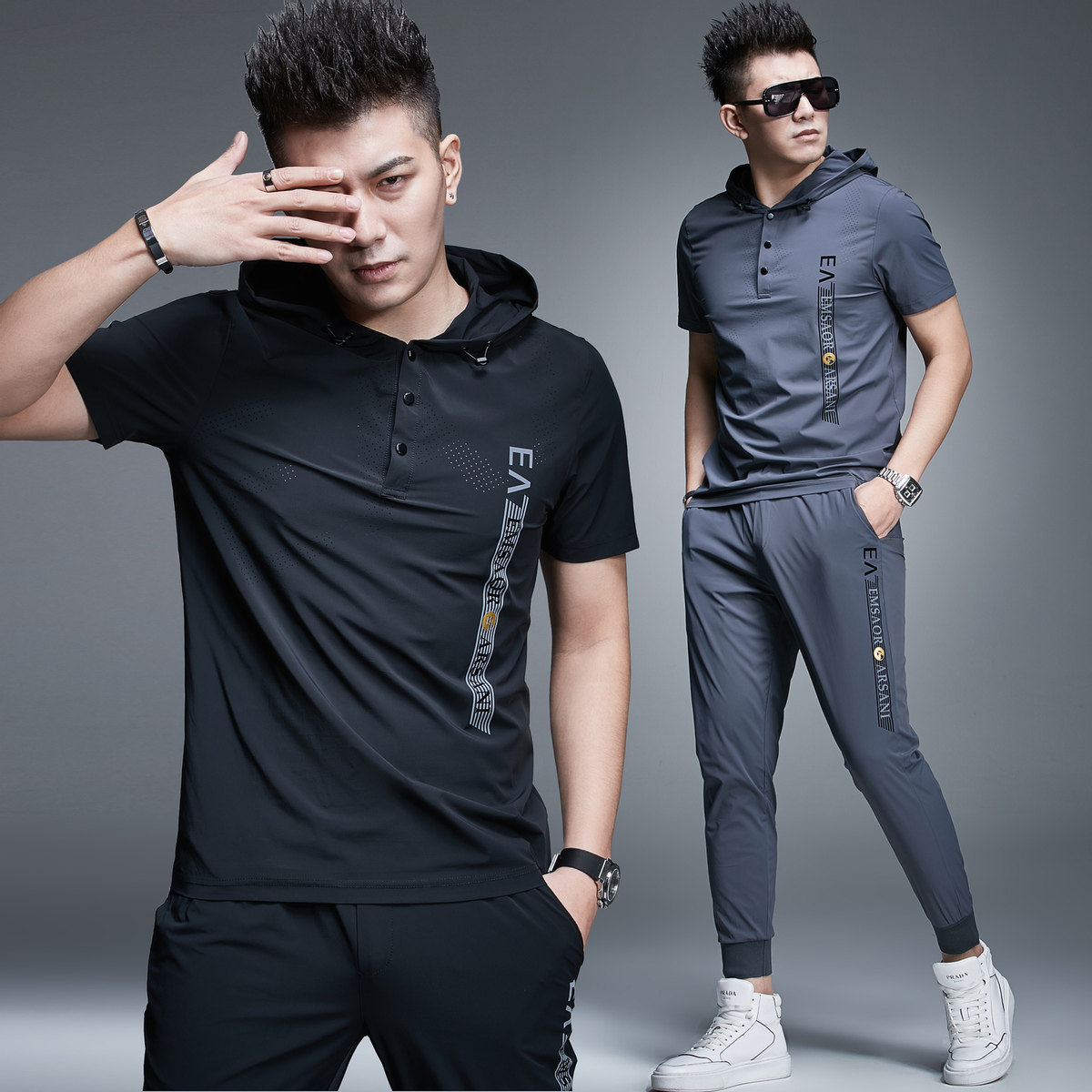休闲两件潮流字母男士套装运动连帽速干夏季休闲运动套装