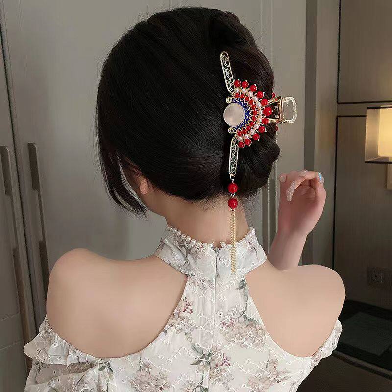 珍珠花朵京剧扇子流苏发夹抓夹中国国风时尚发饰