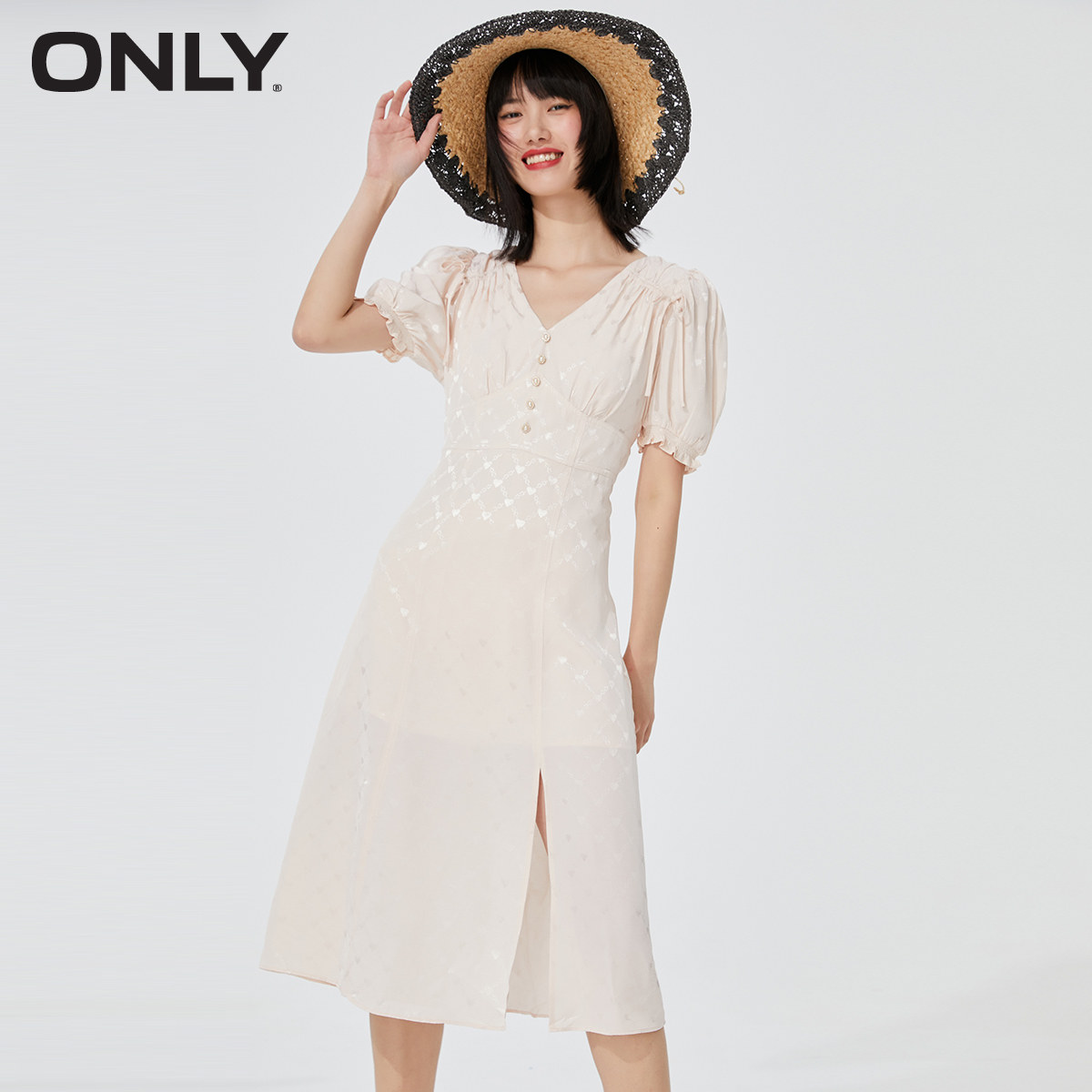 only夏季新款印花收腰显瘦气质珍珠中长连衣裙连衣裙