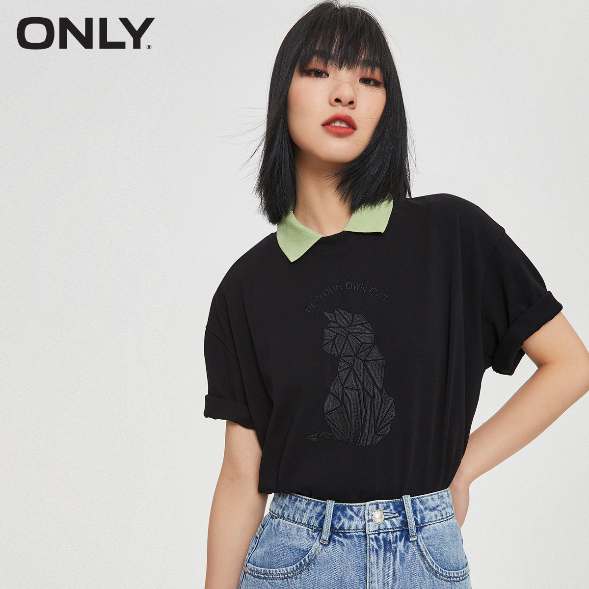 only2021夏季新款纯棉甜美立体猫咪图案设计短袖t恤