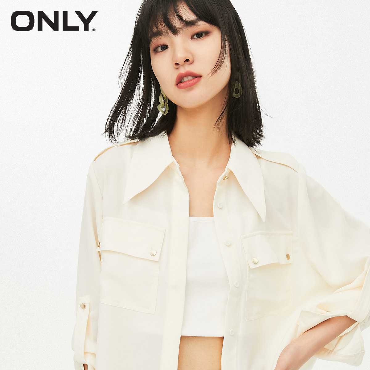 only2021夏季新款纯色宽松休闲百搭舒适长袖衬衫衬衫