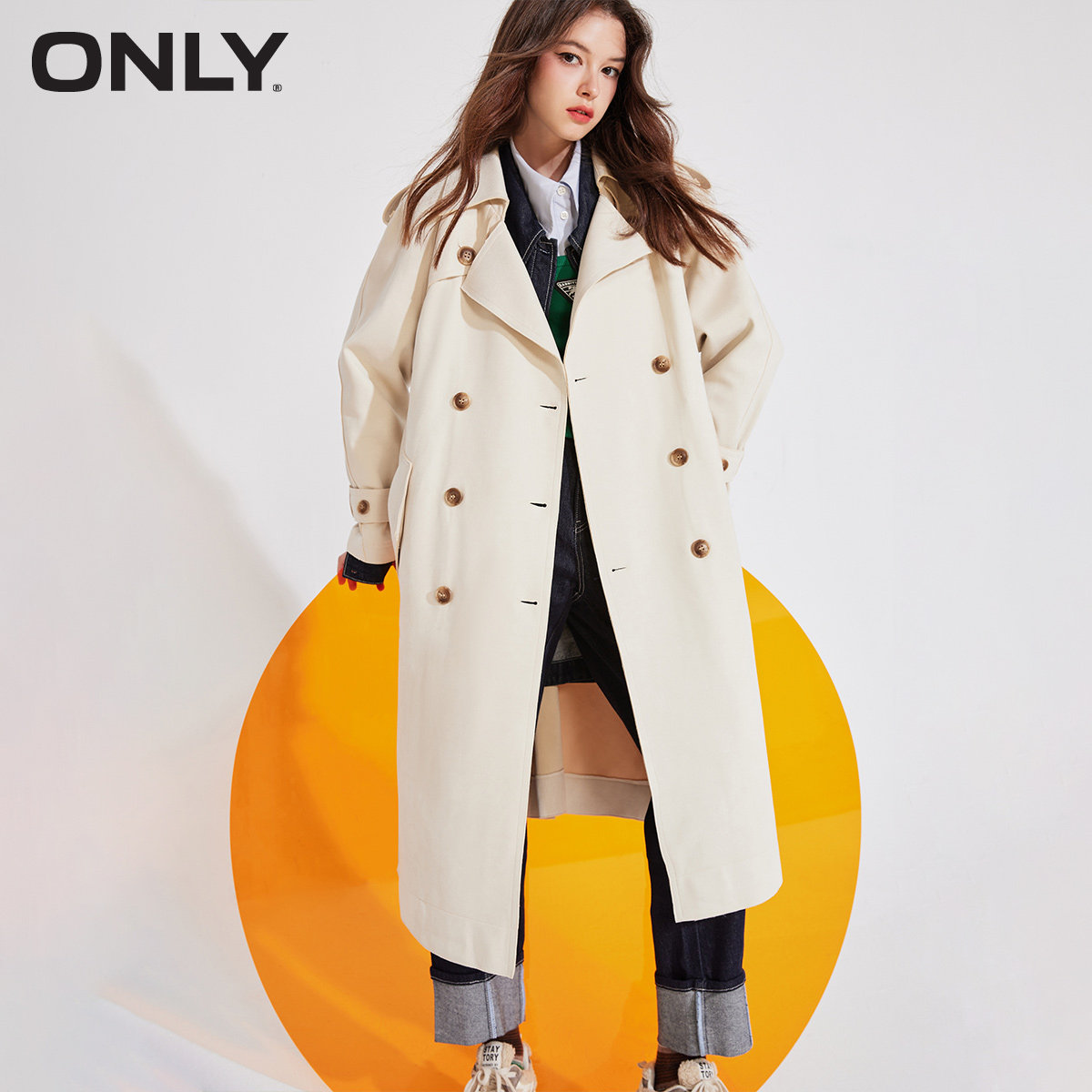 only2022冬季新款气质下摆摆开设计双排扣长款风衣风衣