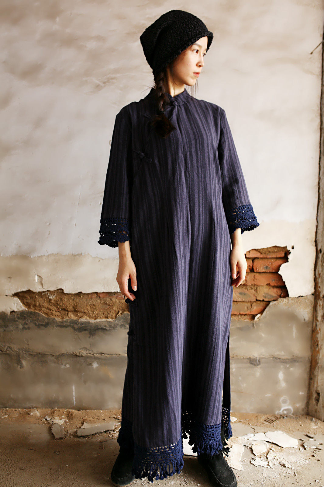 清仓蓝竹设计宽松纯棉土布长袖旗袍手工钩花连衣裙